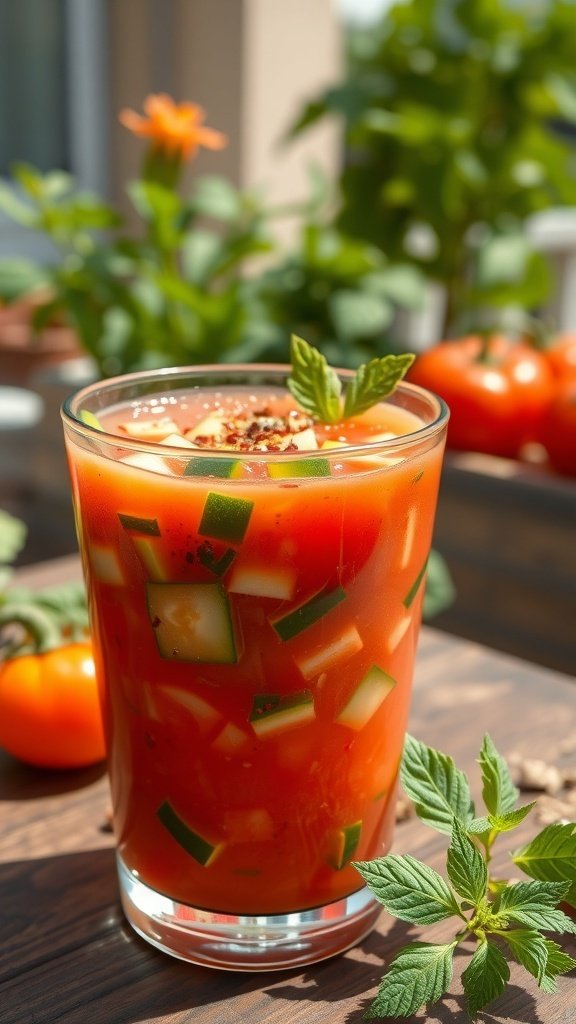 A glass of spicy gazpacho with diced vegetables and herbs, set against a backdrop of fresh tomatoes and greenery.