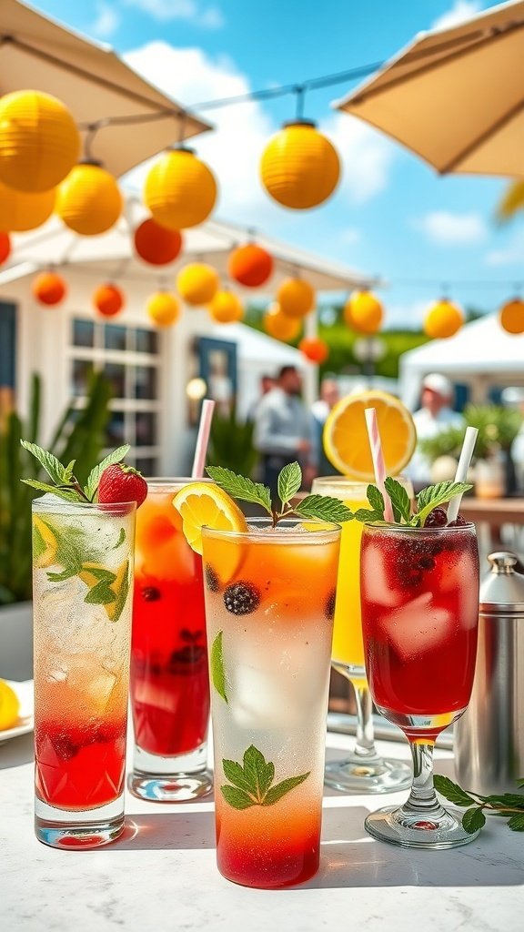 A variety of colorful summer drinks on a table with decorations