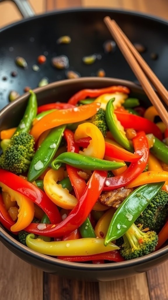 A colorful veggie stir-fry with broccoli, bell peppers, and snap peas in a skillet.