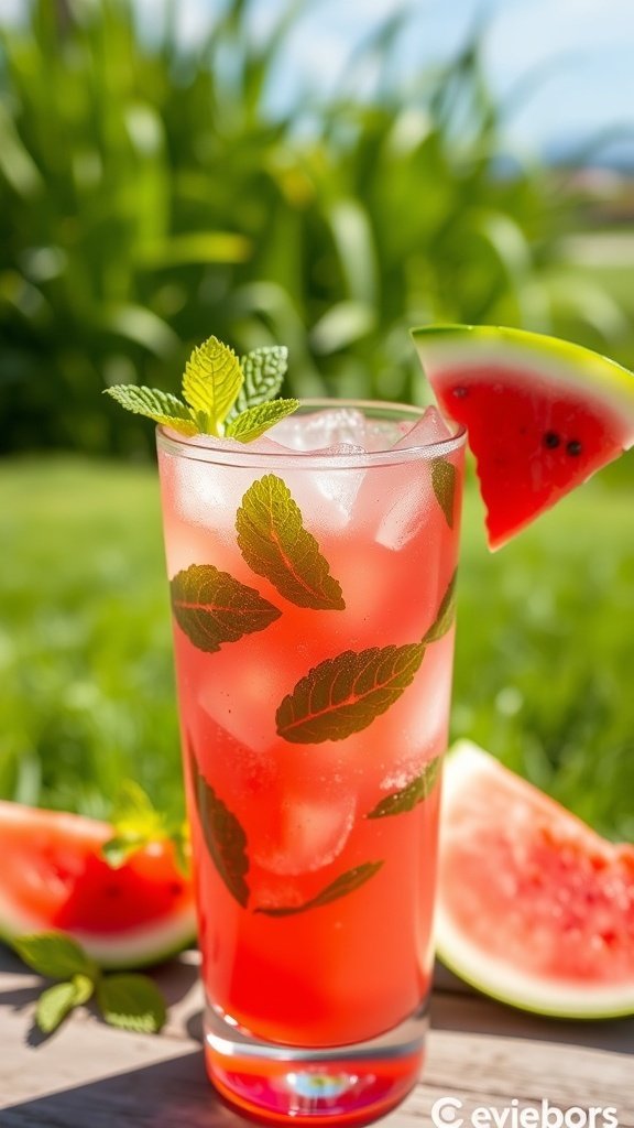 A refreshing watermelon mint cooler in a glass, garnished with mint leaves and a slice of watermelon.