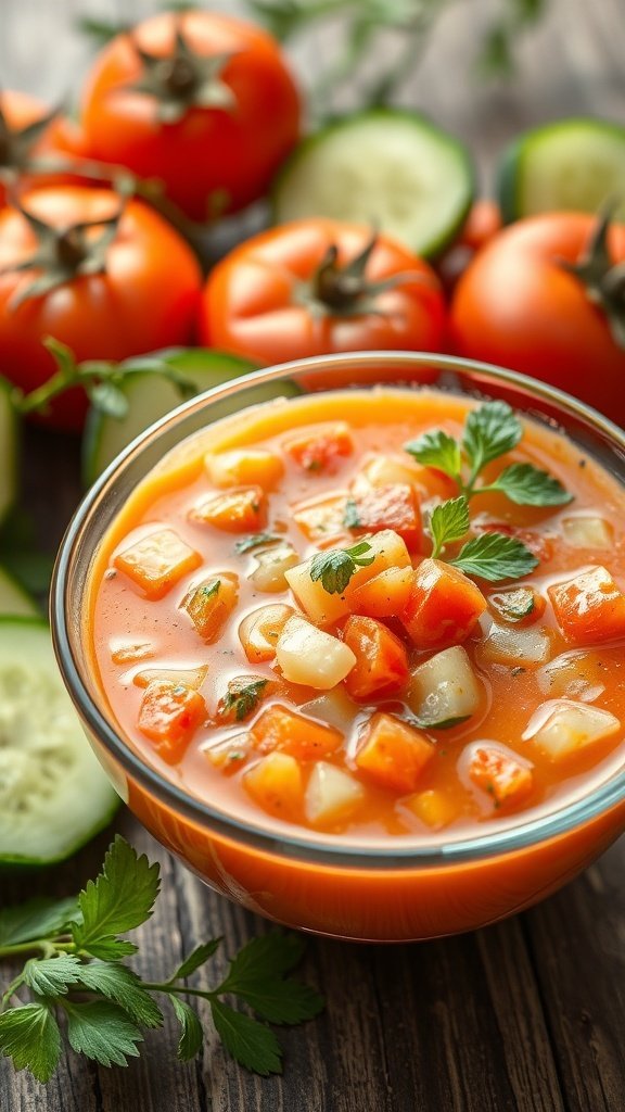 A bowl of chilled vegetable soup with tomatoes and cucumbers, surrounded by fresh ingredients.