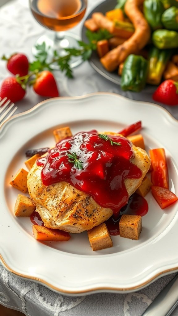 A plate of strawberry rhubarb glazed chicken served with sweet potatoes and bell peppers.