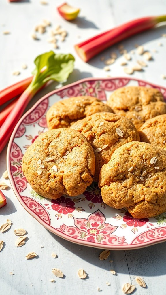 A plate of vegan rhubarb cookies with rhubarb stalks and oats scattered around.