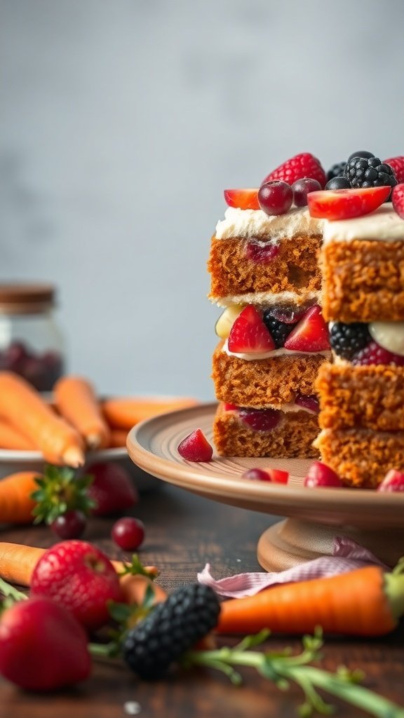 A layered carrot cake with fruit filling, topped with fresh berries and surrounded by carrots.