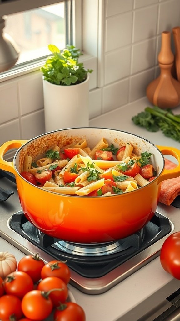 A colorful one-pot pasta dish with tomatoes and herbs cooking on a stove.
