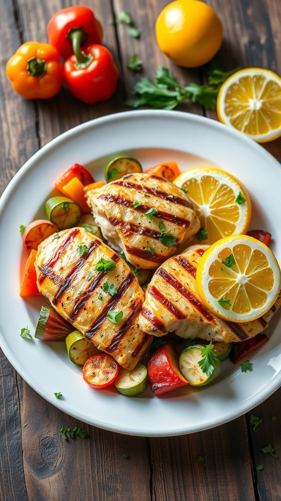 Grilled lemon chicken served with colorful vegetables on a white plate.