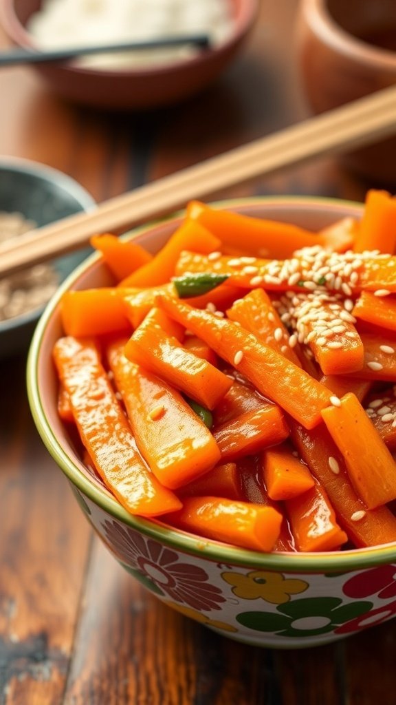 A bowl of stir-fried baby carrots with sesame seeds, showcasing vibrant colors and textures.