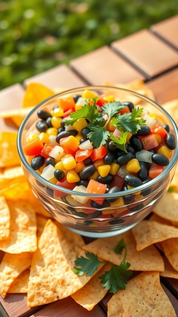 A bowl of zesty black bean and corn salsa with tortilla chips