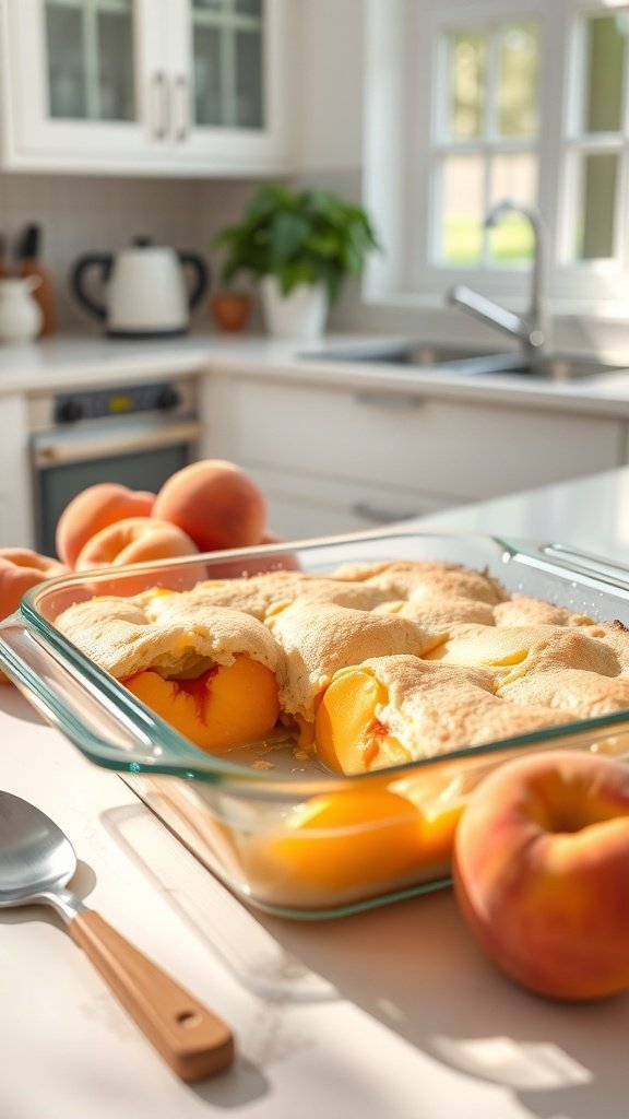 A freshly baked peach cobbler in a glass dish, surrounded by fresh peaches in a bright kitchen.