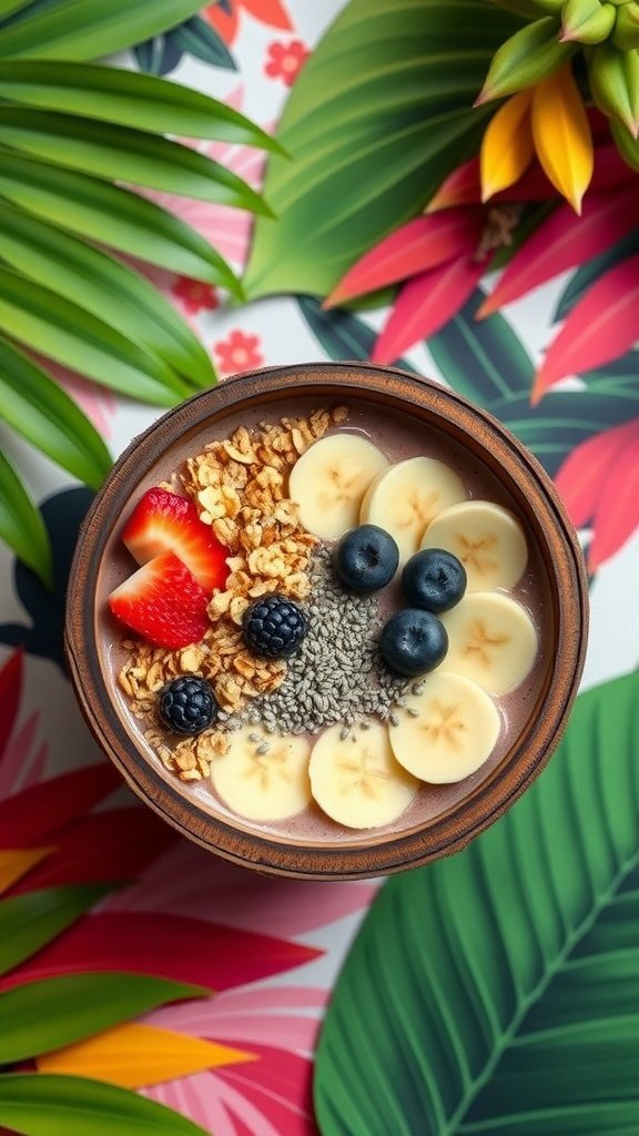 A colorful smoothie bowl topped with fruits and granola
