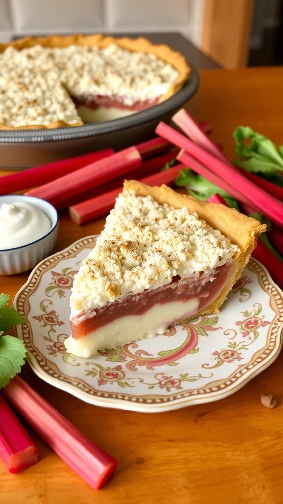 A slice of sour cream rhubarb pie on a decorative plate, with the whole pie in the background and fresh rhubarb stalks beside it.