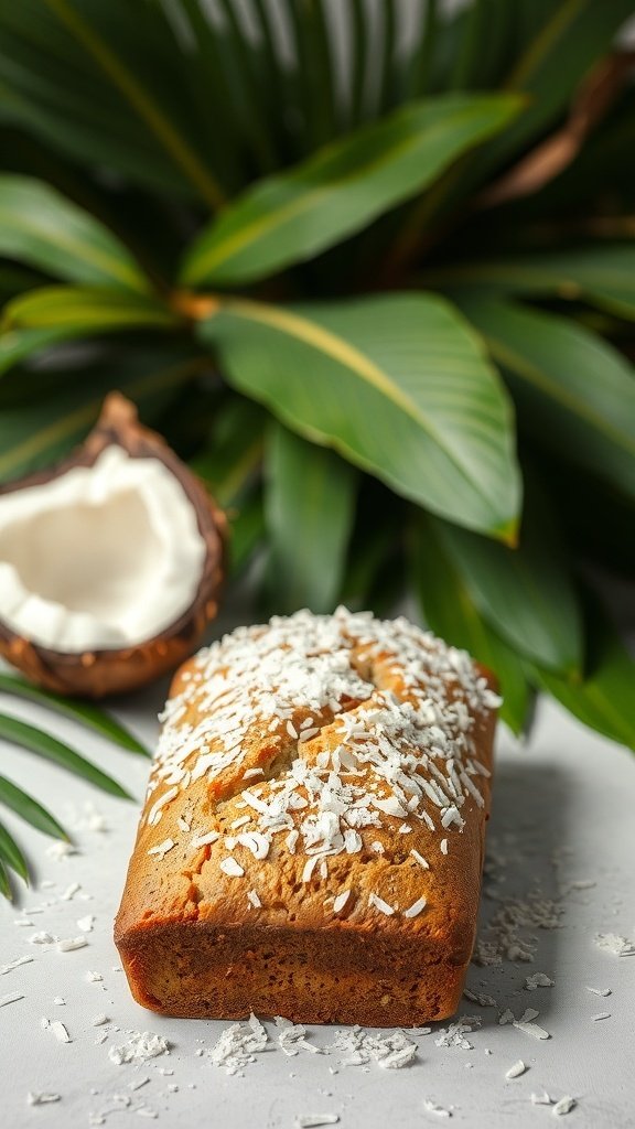A loaf of coconut rhubarb bread topped with shredded coconut, placed on a table with tropical leaves and a coconut shell in the background.