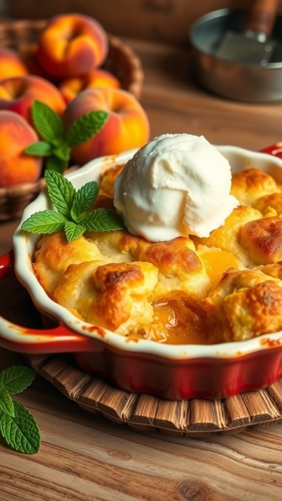 A delicious peach cobbler with a scoop of ice cream on top, surrounded by fresh peaches.