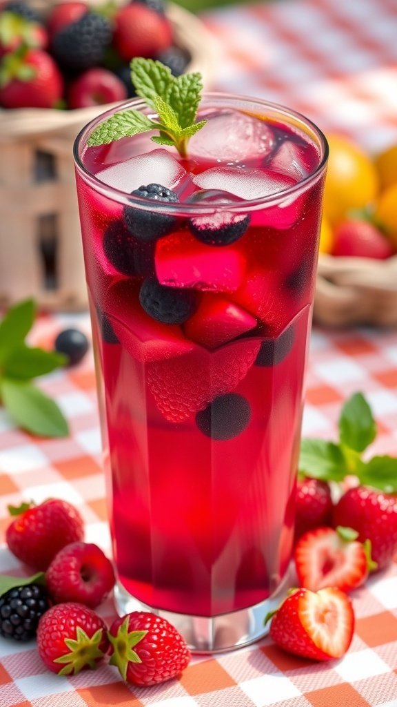 A tall glass of berry iced tea with fresh berries and mint on a checkered tablecloth.