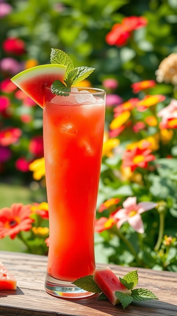 A refreshing watermelon mint cooler served in a tall glass, garnished with mint leaves and a slice of watermelon, surrounded by colorful flowers.