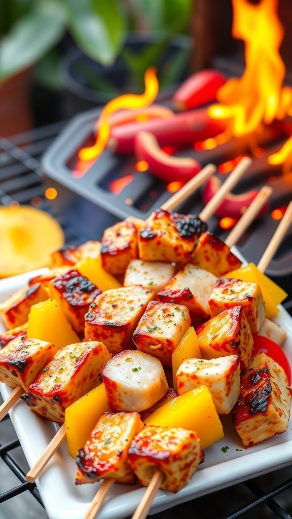 Delicious spicy mango chicken skewers on a grill, ready for summer BBQs.