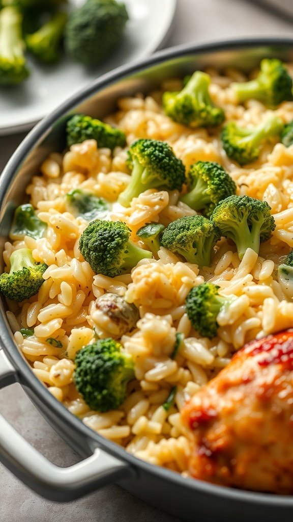 Cheesy broccoli and rice casserole in a baking dish, with broccoli florets and melted cheese.