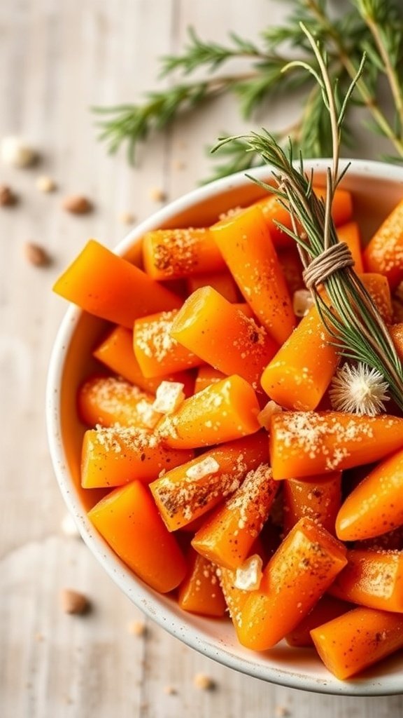 A bowl of spiced orange candied carrots garnished with herbs