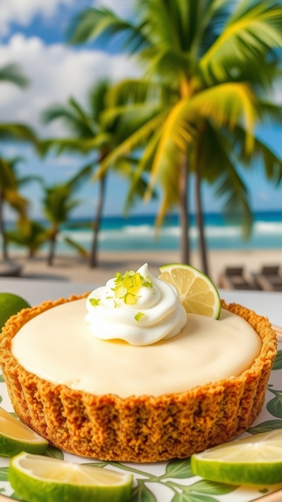 A delicious key lime pie with whipped cream and lime slices, set against a tropical beach background.