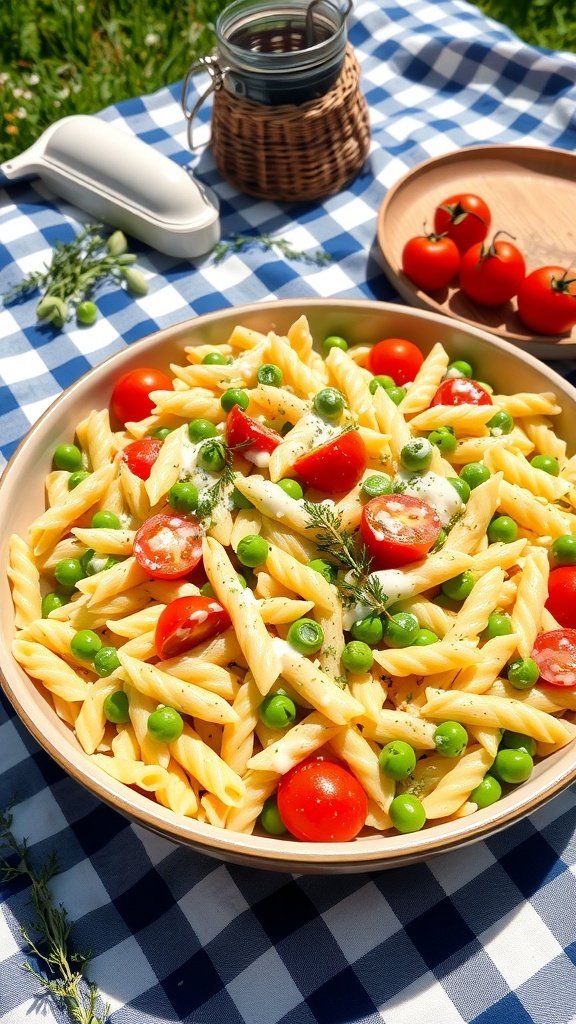 A colorful cold pasta salad with rotini, cherry tomatoes, and green peas, served on a picnic blanket.