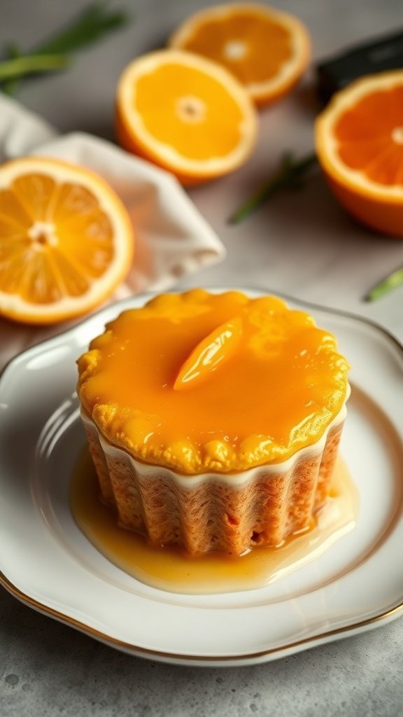 A gourmet carrot souffle topped with a citrus glaze, surrounded by fresh oranges.