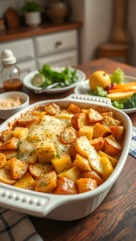 A comforting baked squash and potato casserole with melted cheese on top, surrounded by fresh vegetables.
