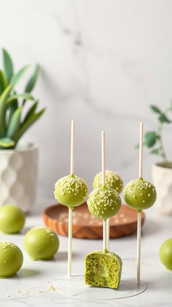 Matcha cake pops displayed on sticks with one cut in half to show the inside.