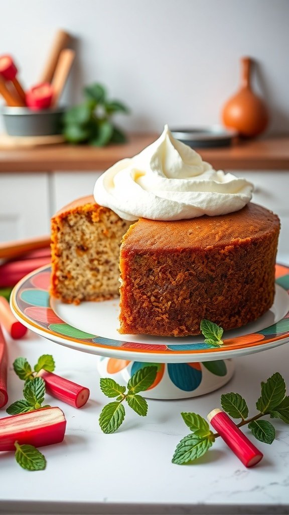 A vegan rhubarb cake topped with coconut whipped cream, surrounded by fresh rhubarb and mint leaves.