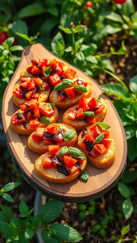 A wooden platter with bruschetta topped with diced tomatoes and basil, surrounded by green plants.