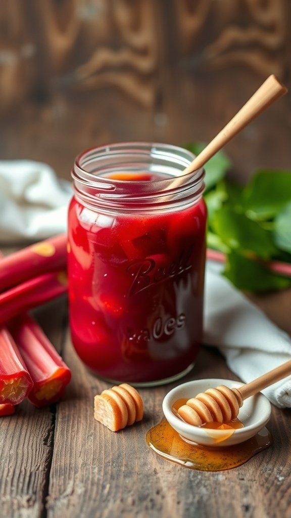 A jar of rhubarb sauce with honey, wooden spoon, and fresh rhubarb stalks on a wooden table.