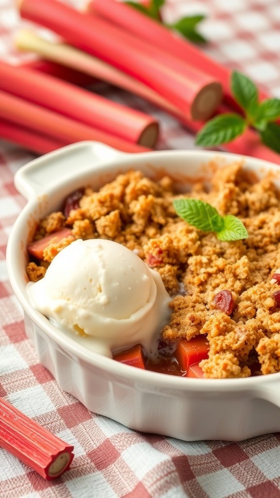 A delicious rhubarb crumble with ice cream on top, surrounded by fresh rhubarb stalks.