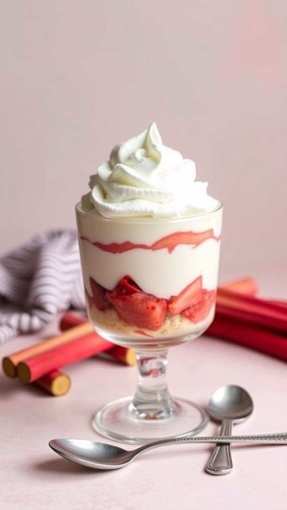 A glass of rhubarb fool dessert topped with whipped cream, surrounded by rhubarb stalks.