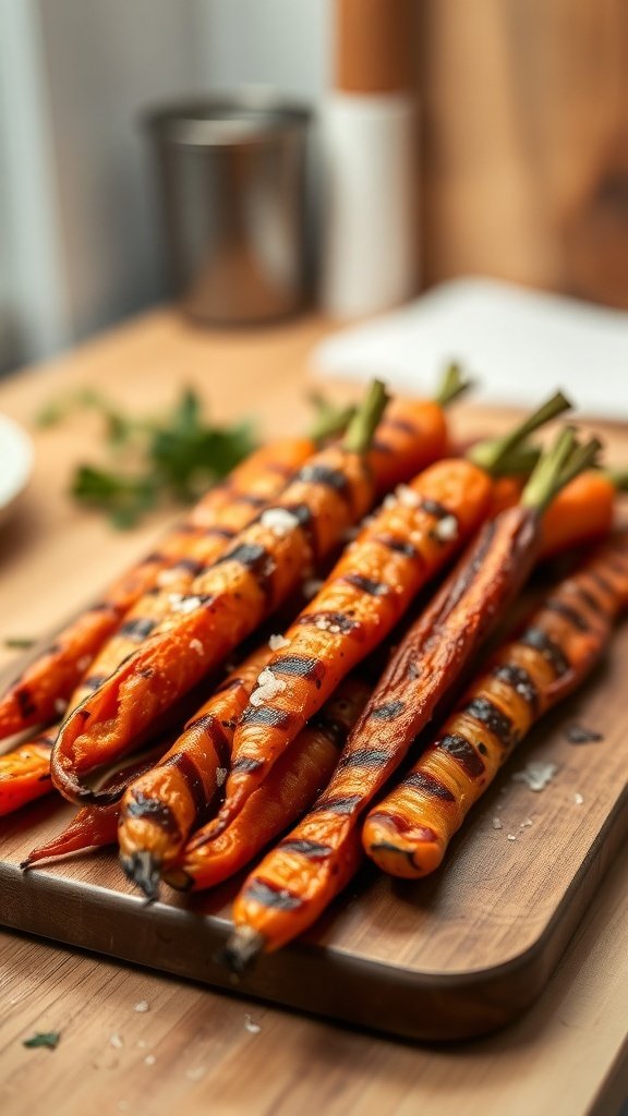 Grilled carrots arranged on a wooden board, showcasing their vibrant color and grill marks.
