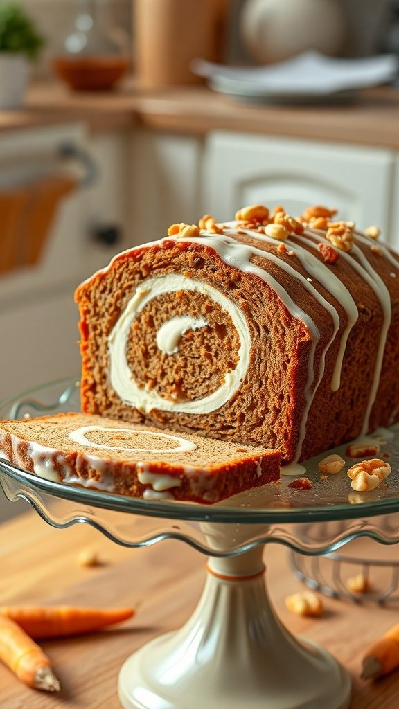 A beautifully baked carrot bread loaf with a cream cheese swirl, topped with frosting and walnuts, displayed on a cake stand.