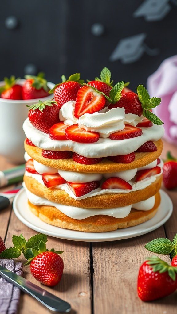 A vibrant graduation cake with layers of sponge, whipped cream, and fresh strawberries, garnished with mint leaves.