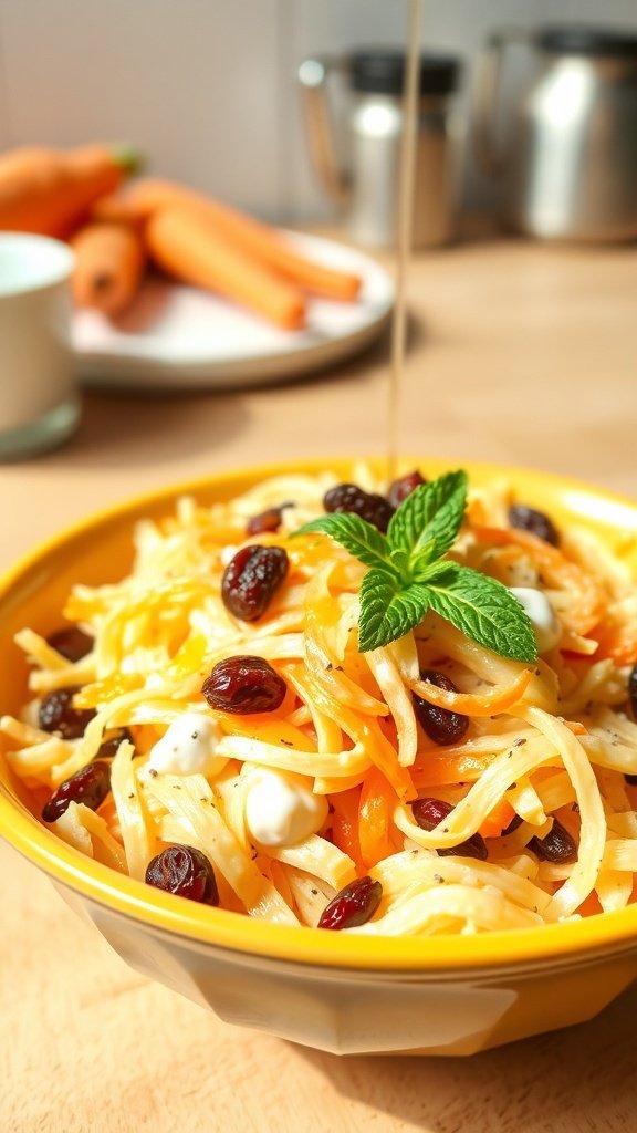 A colorful bowl of creamy yogurt and honey carrot raisin salad topped with mint leaves, with fresh carrots in the background.