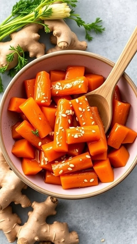 A bowl of honey glazed carrots with ginger, garnished with sesame seeds and fresh herbs.
