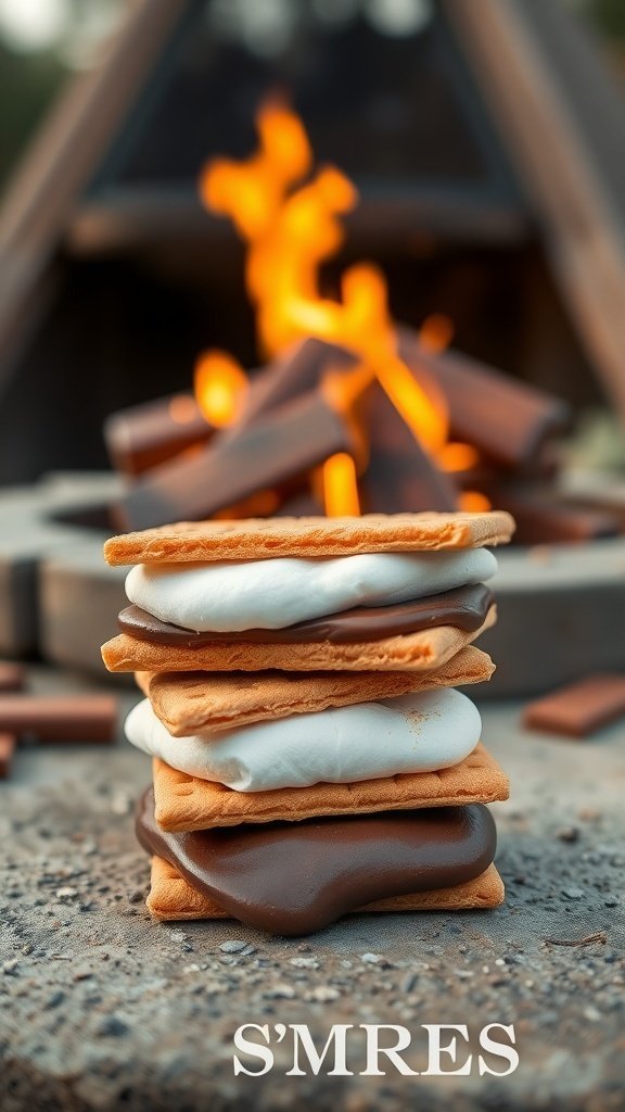 A stack of s'mores with melted chocolate and toasted marshmallows in front of a fire pit.