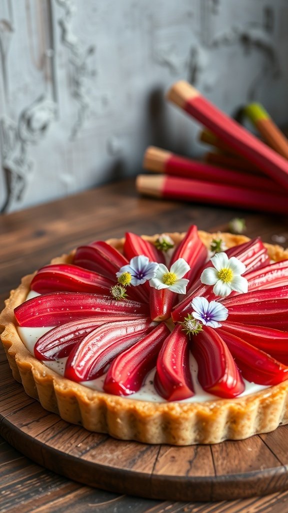 A beautifully arranged classic French rhubarb tart with pastry cream, garnished with edible flowers.