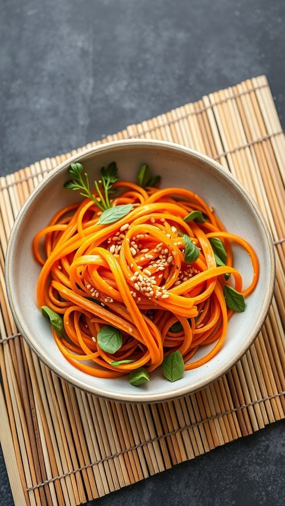 A bowl of carrot ribbon salad garnished with sesame seeds and fresh herbs.