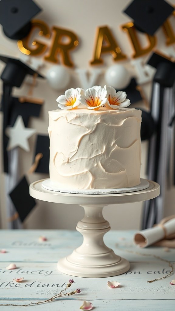 A beautifully decorated classic vanilla bean cake for graduation, featuring fresh flowers and a festive 'GRAD' banner in the background.