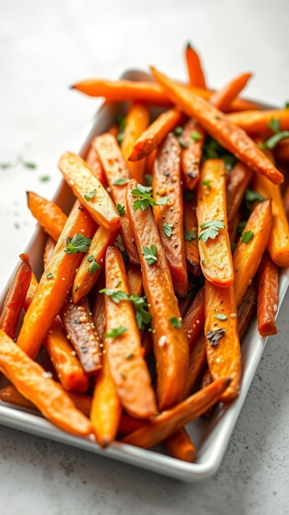 A plate of golden-brown carrot fries garnished with fresh herbs.