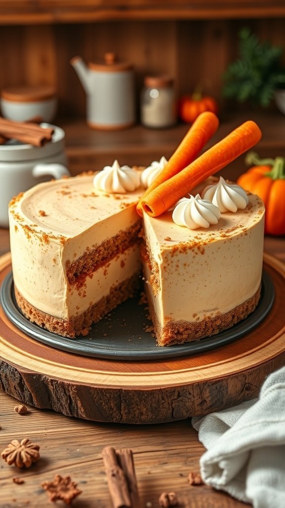 A delicious carrot cake cheesecake with a cinnamon graham cracker crust, topped with whipped cream and carrot curls, sitting on a wooden table.