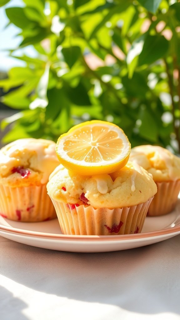 Zesty Lemon Rhubarb Muffins topped with lemon slices