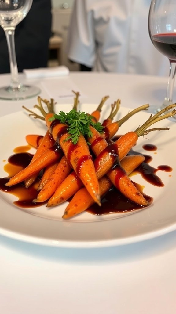 A plate of honey glazed carrots drizzled with balsamic reduction, garnished with fresh herbs.