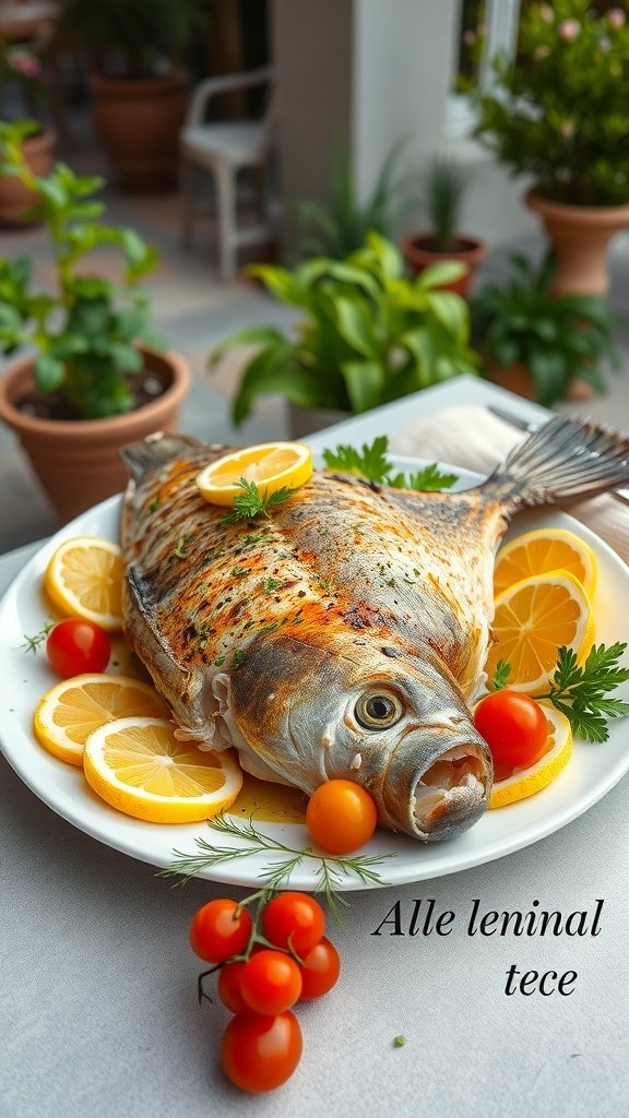 A beautifully grilled fish garnished with lemon slices and cherry tomatoes, ready for summer dining.