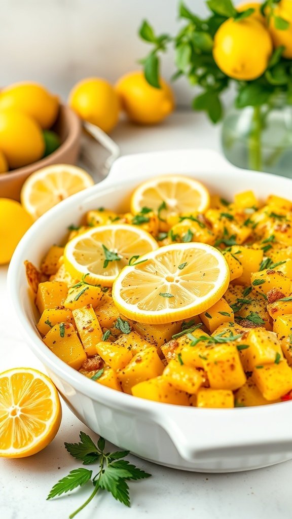 A delicious summer squash casserole topped with lemon slices and fresh herbs.