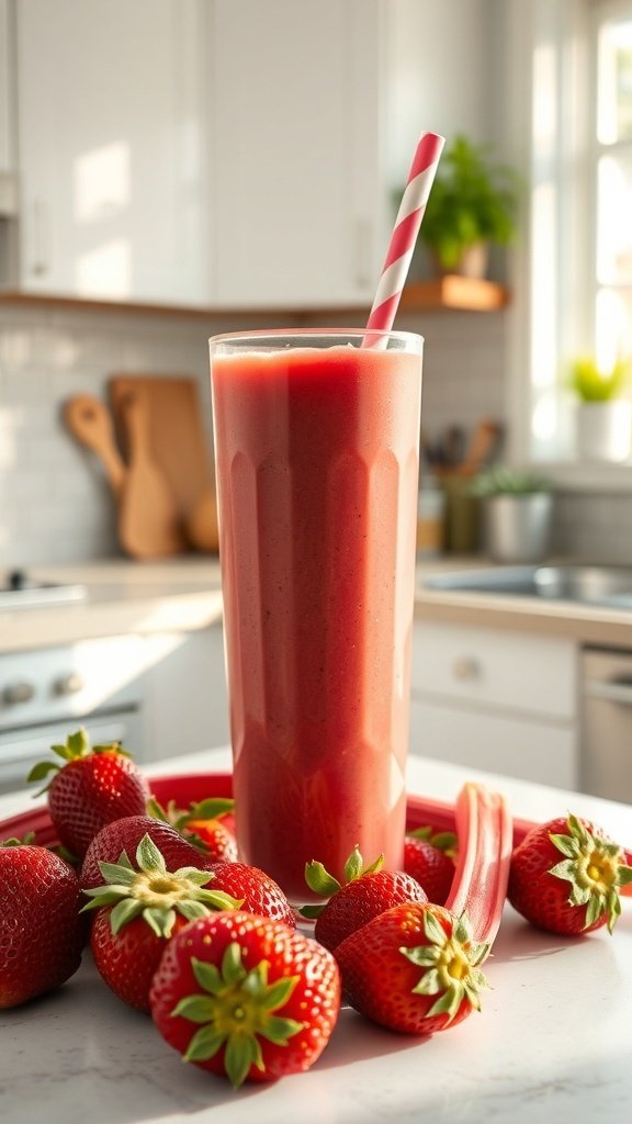 A refreshing strawberry rhubarb smoothie in a tall glass with a striped straw, surrounded by fresh strawberries and rhubarb.