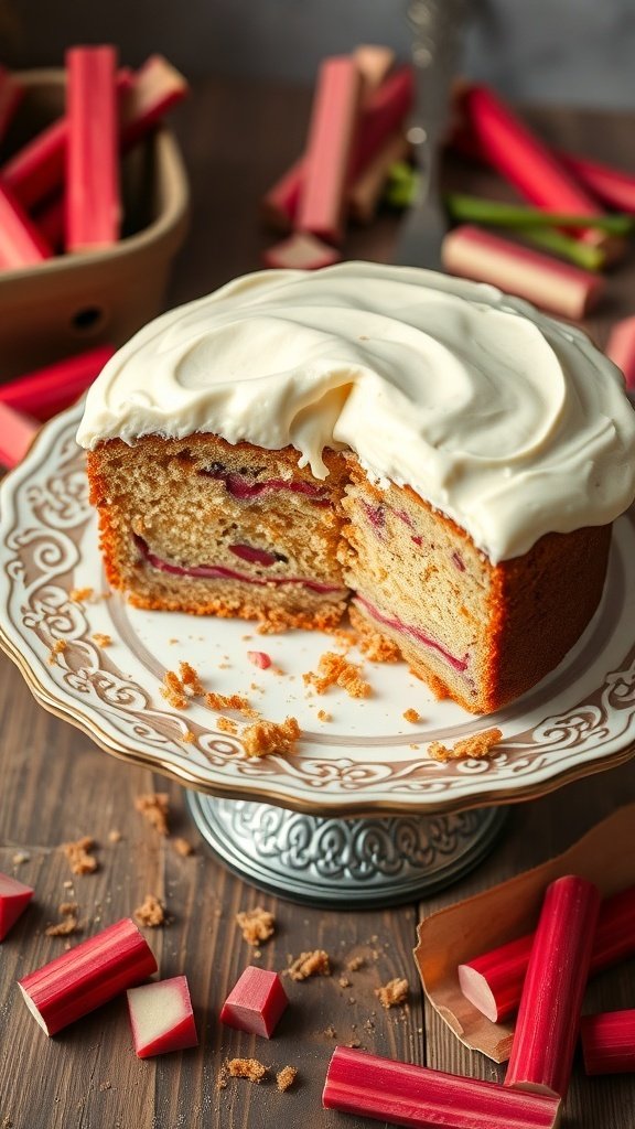 A slice of rhubarb cake with cream cheese frosting on a decorative plate, surrounded by fresh rhubarb stalks.