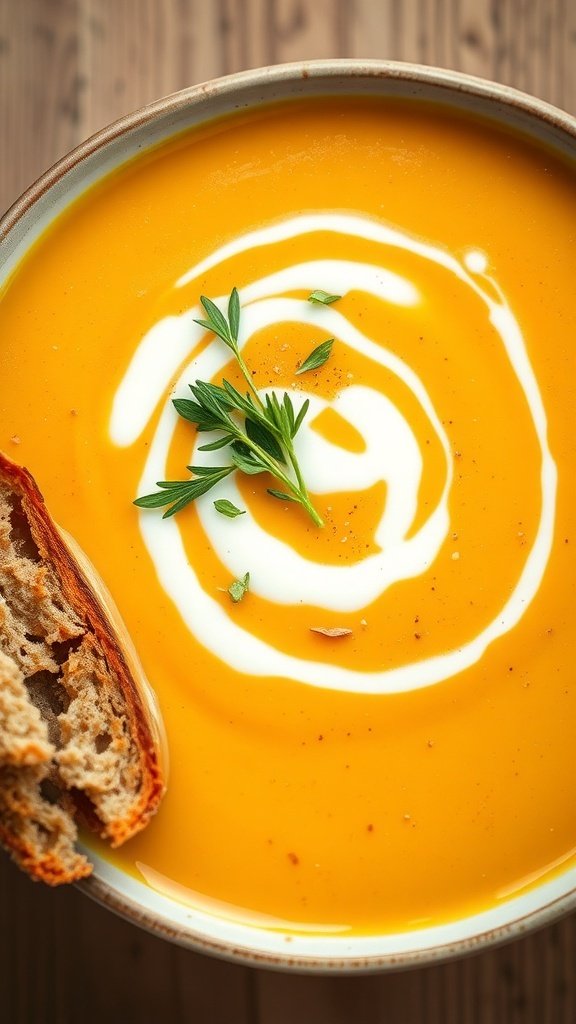 A bowl of creamy honey carrot soup topped with cream and herbs, with a slice of bread on the side.